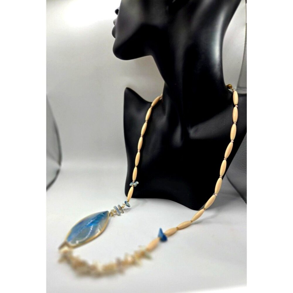 Stunning Artisan made Agate Opalite and Bone antique necklace 26" 1950s
